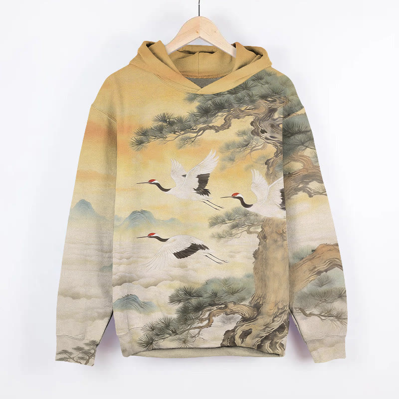 White Cranes Flying Around Pine Trees Art Print Long Sleeve Hoodie - Orange - US44-46(8XL) - image 1
