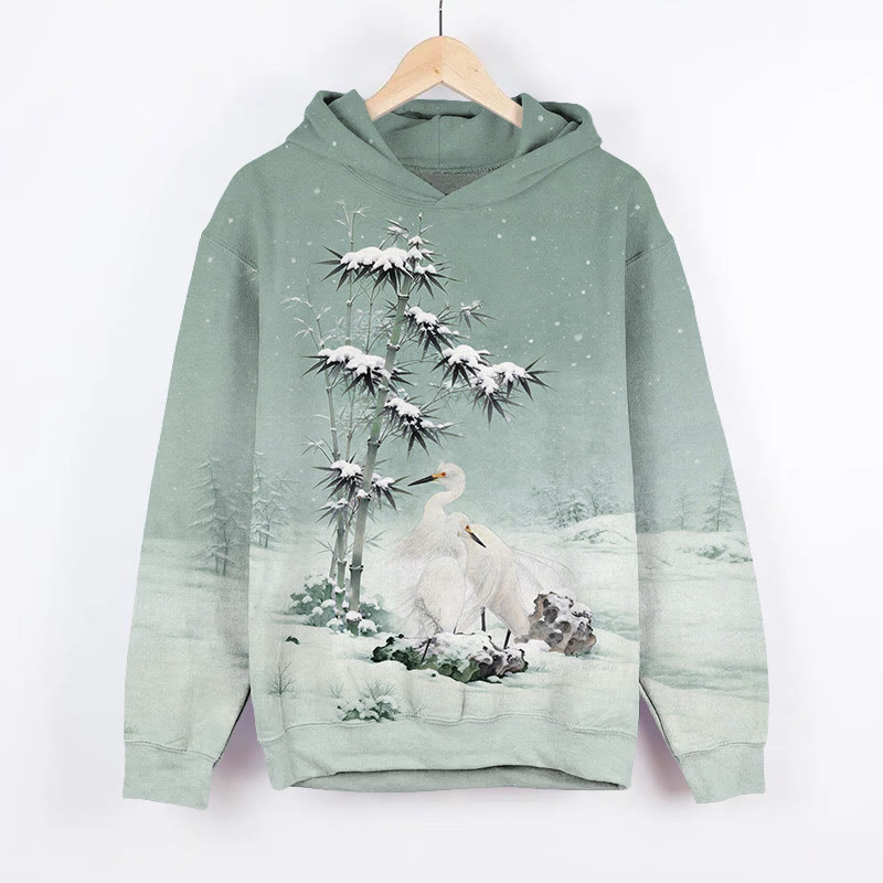 Winter Snowy Cold White Cranes Art Print Long Sleeve Hoodie - Green - US44-46(8XL) - image 1