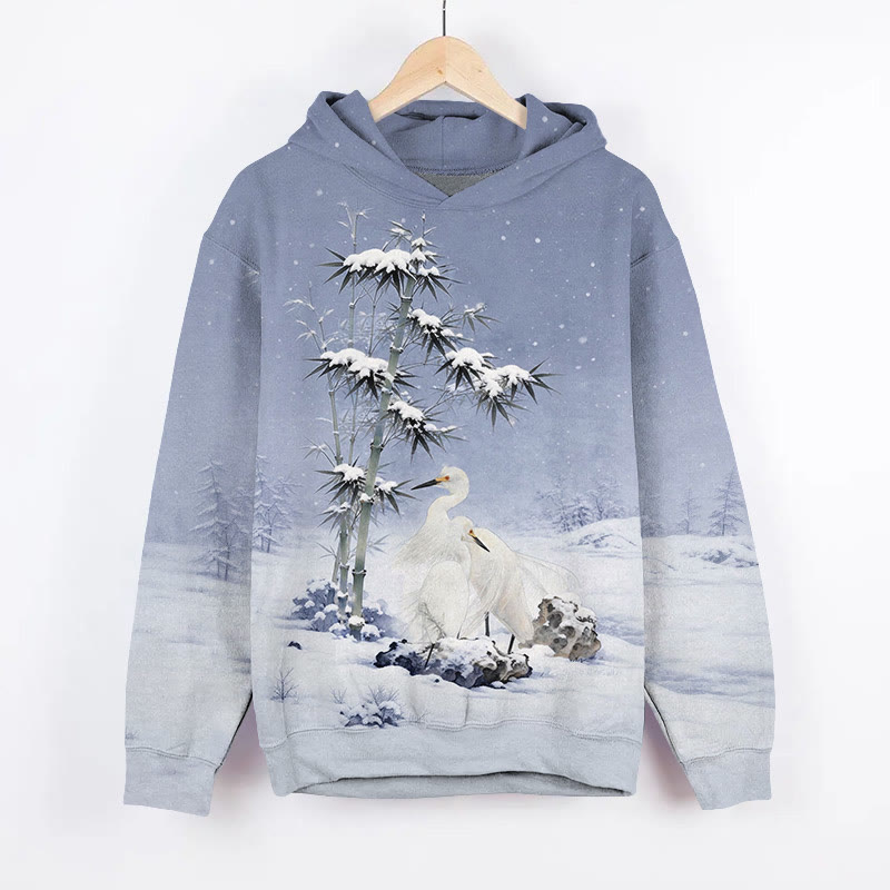 Winter Snowy Cold White Cranes Art Print Long Sleeve Hoodie - Blue - US44-46(8XL) - image 2