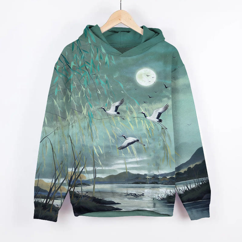 Sunset White Cranes & Willow Lake Art Print Long Sleeve Hoodie - Green - US44-46(8XL) - image 2