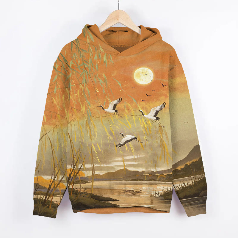 Sunset White Cranes & Willow Lake Art Print Long Sleeve Hoodie - Orange - US44-46(8XL) - image 1