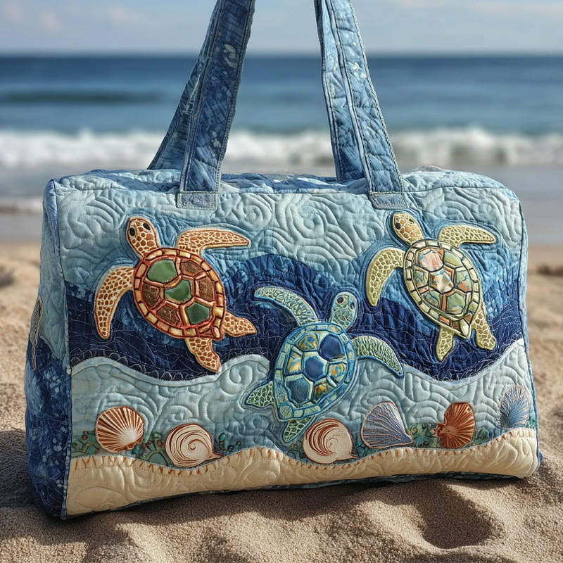 Beach Shell Turtle Pattern Print Quilted Duffle Bag - Light Blue - one size - image 1