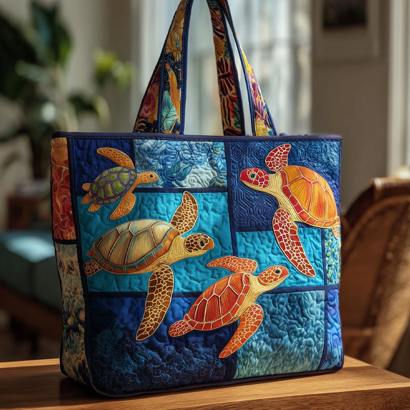 Ocean Patchwork Turtle Pattern Print Quilted Tote Bag - Multicolor - one size - image 1