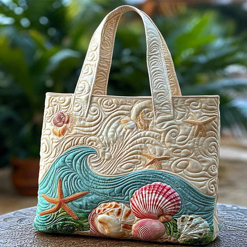 Beach Starfish And Seashell Pattern Quilted Tote Bag - Multicolor - one size - image 1