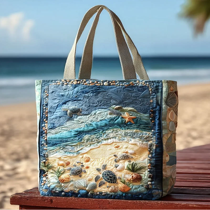 Beach Turtle And Pebble Pattern Quilted Tote Bag - Multicolor - one size - image 1