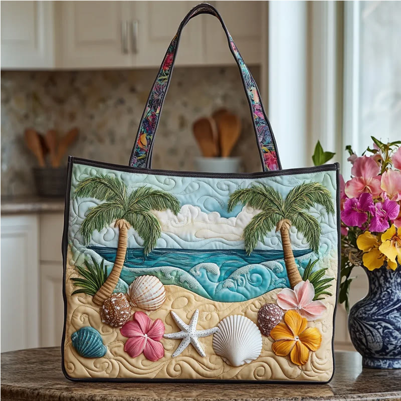 Beach Resort Palm Tree Seashell Pattern Quilted Tote Bag - Multicolor - one size - image 1