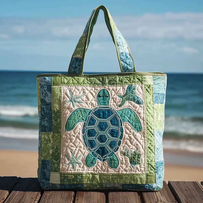 Beach Turtle Patchwork Pattern Quilted Tote Bag - Light Green - one size - image 1