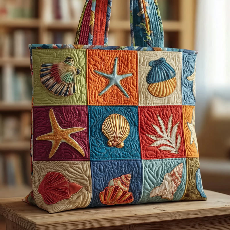 Bohemian Seashell And Starfish Patchwork Pattern Quilted Tote Bag - Multicolor - one size - image 1