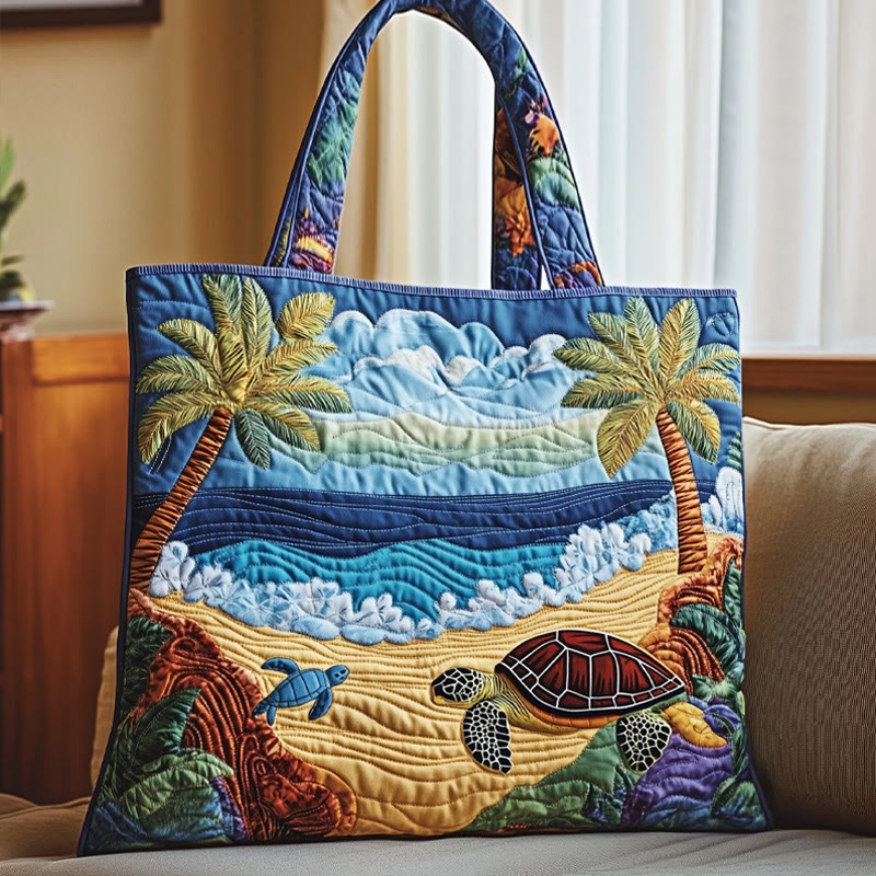 Beach Turtle Palm Pattern Quilted Tote Bag - Multicolor - one size - image 1