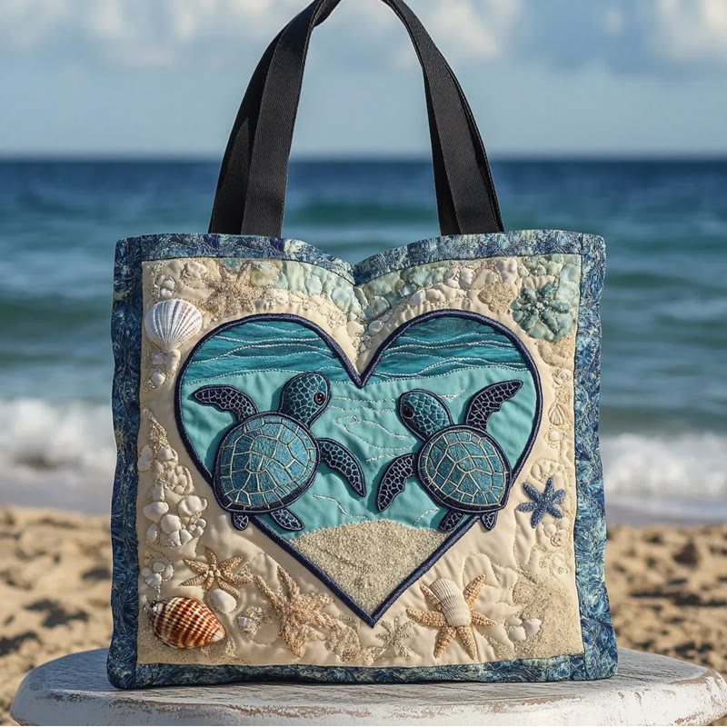 Turtle Heart-shaped Shell Pattern Quilted Tote Bag - Blue - one size - image 1