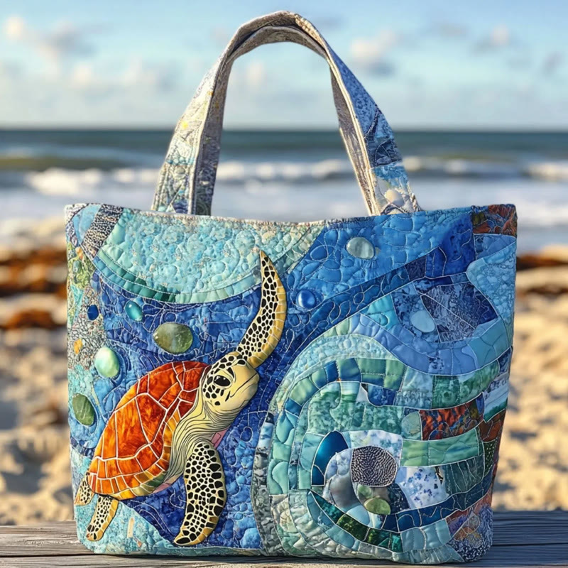 Turtle Mosaic Pebble Pattern Quilted Tote Bag - Blue - one size - image 1