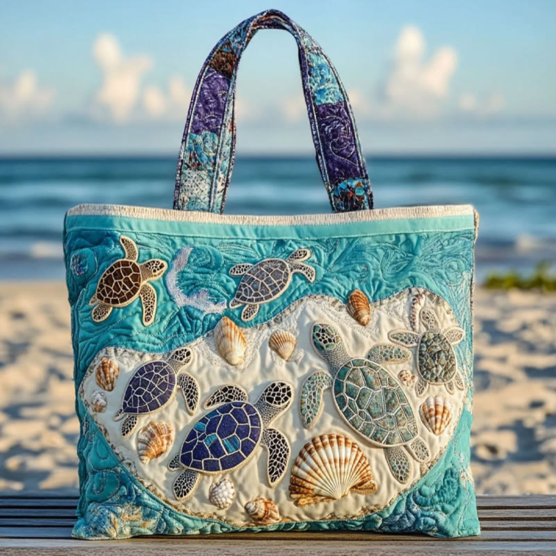 Turtle Returning To Nest Pattern Quilted Tote Bag - Blue - one size - image 1
