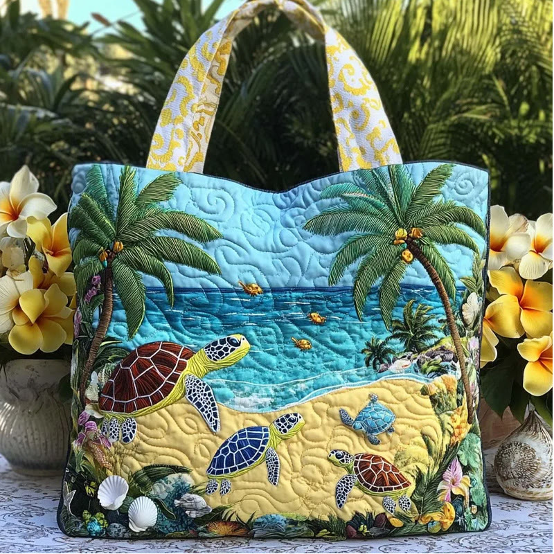 Turtle Returning To The Sea Pattern Quilted Tote Bag - Blue - one size - image 1