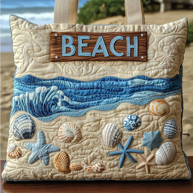 Beach Resort Seashell And Wave Pattern Quilted Tote Bag - Apricot - one size - image 1