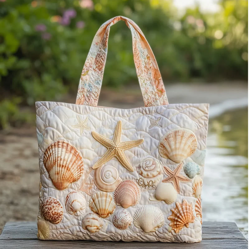 Bohe Beach Seashell And Starfish Pattern Quilted Tote Bag - Apricot - one size - image 1
