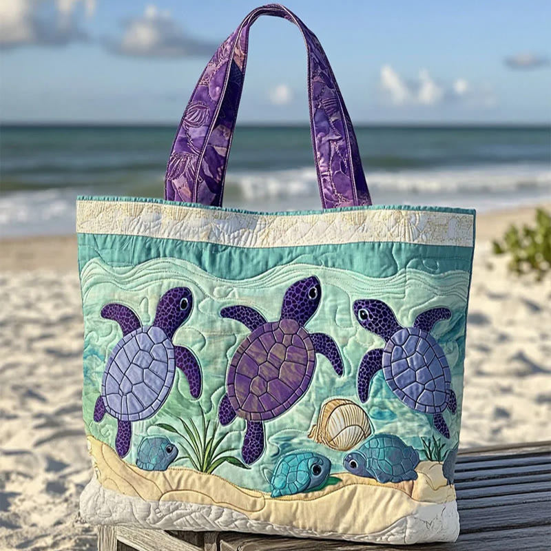 Beach Turtle Protection Pattern Quilted Tote Bag - Blue - one size - image 1