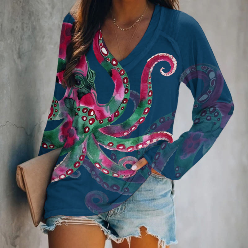 Watercolor Art Octopus Pattern Print V-neck Long Sleeve T-shirt - Dark Blue - 5XL - image 1