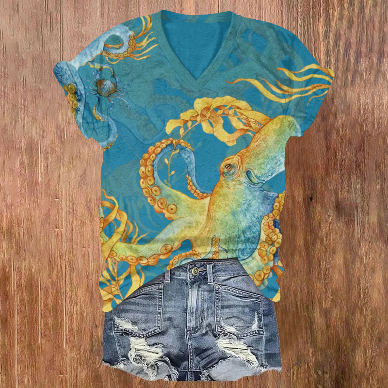 Watercolor Octopus And Crab Pattern Print Short Sleeved V-neck T-shirt - Blue - US32-34(5XL) - image 2