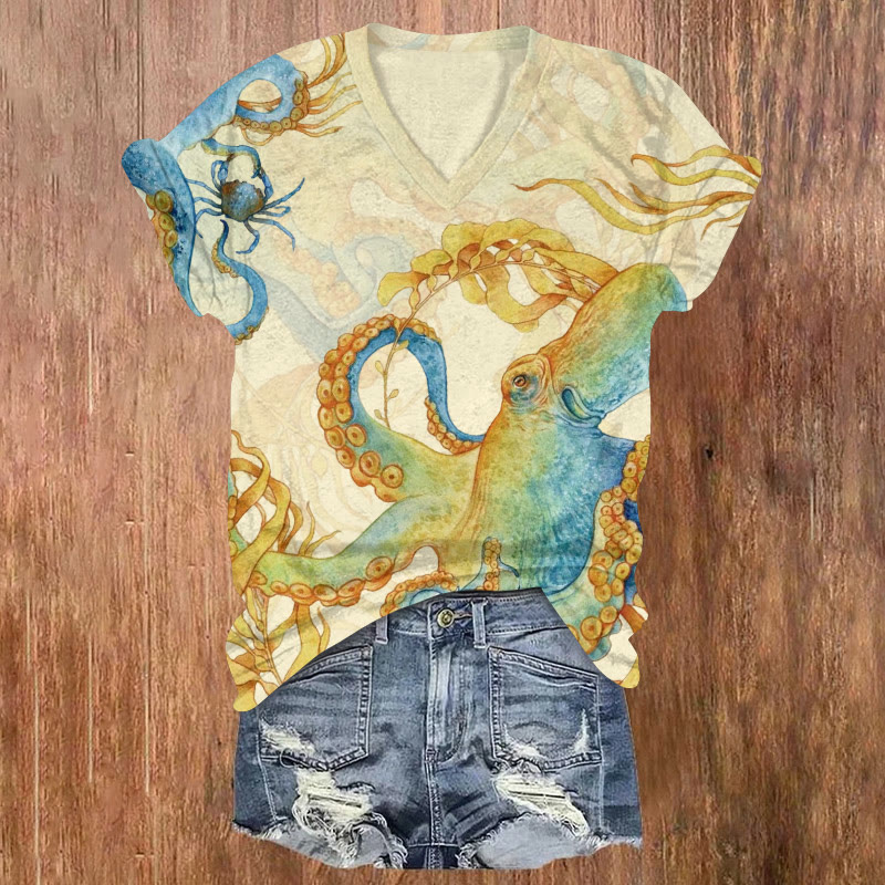 Watercolor Octopus And Crab Pattern Print Short Sleeved V-neck T-shirt - Apricot - US32-34(5XL) - image 1