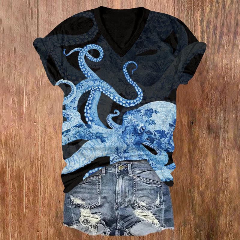 Ocean Blue And White Porcelain Floral Octopus Pattern Print Short Sleeved V-neck T-shirt - Black - US32-34(5XL) - image 2