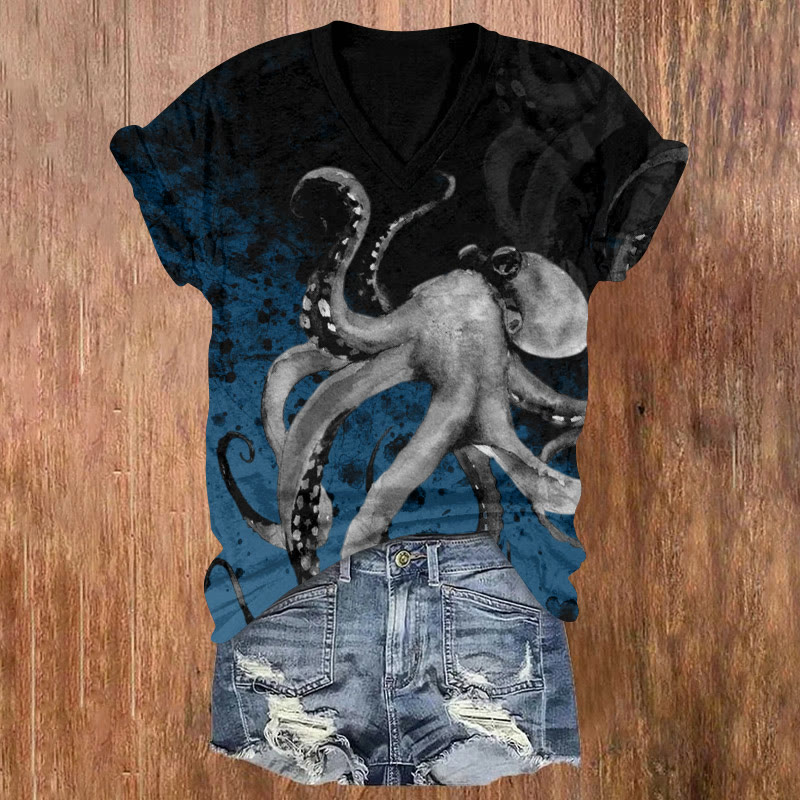 Ink Octopus Gradient Pattern Print Short Sleeved V-neck T-shirt - Blue - US32-34(5XL) - image 2