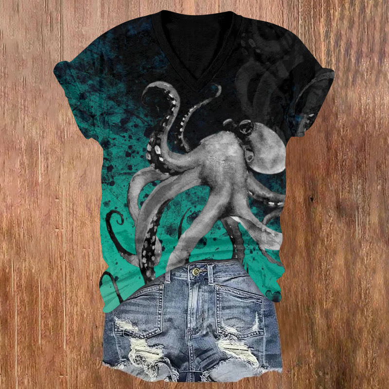Ink Octopus Gradient Pattern Print Short Sleeved V-neck T-shirt - Green - US32-34(5XL) - image 1