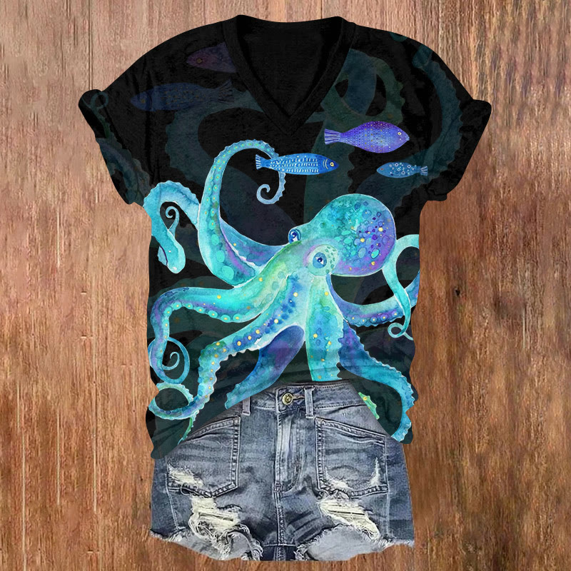 Aurora Watercolor Octopus Art Pattern Print Short Sleeved V-neck T-shirt - Black - US32-34(5XL) - image 2