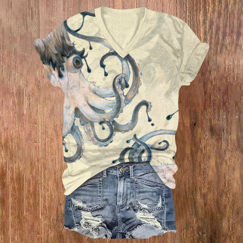 Plush Ink Octopus Art Pattern Print Short Sleeved V-neck T-shirt - Apricot - US32-34(5XL) - image 2