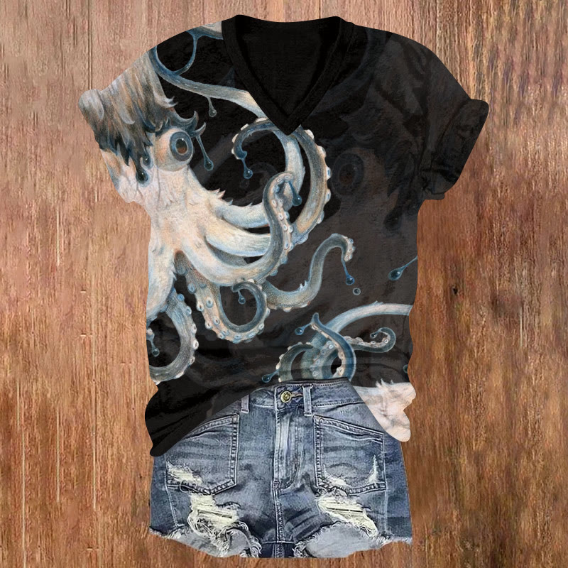 Plush Ink Octopus Art Pattern Print Short Sleeved V-neck T-shirt - Black - US32-34(5XL) - image 1