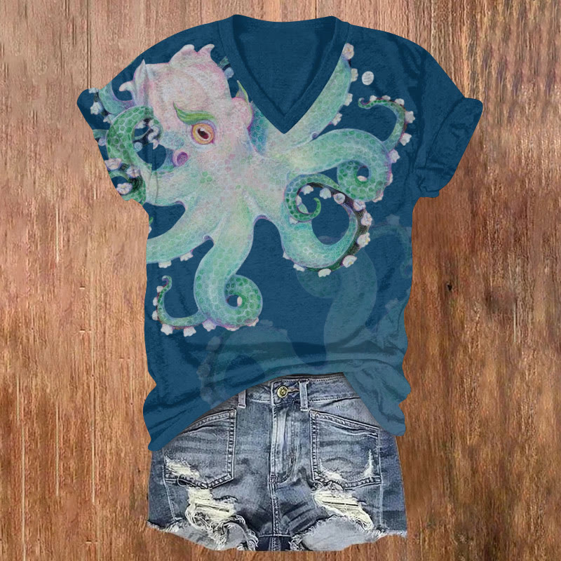 Lily Of The Valley Octopus Art Pattern Print Short Sleeved V-neck T-shirt - Blue - US32-34(5XL) - image 2