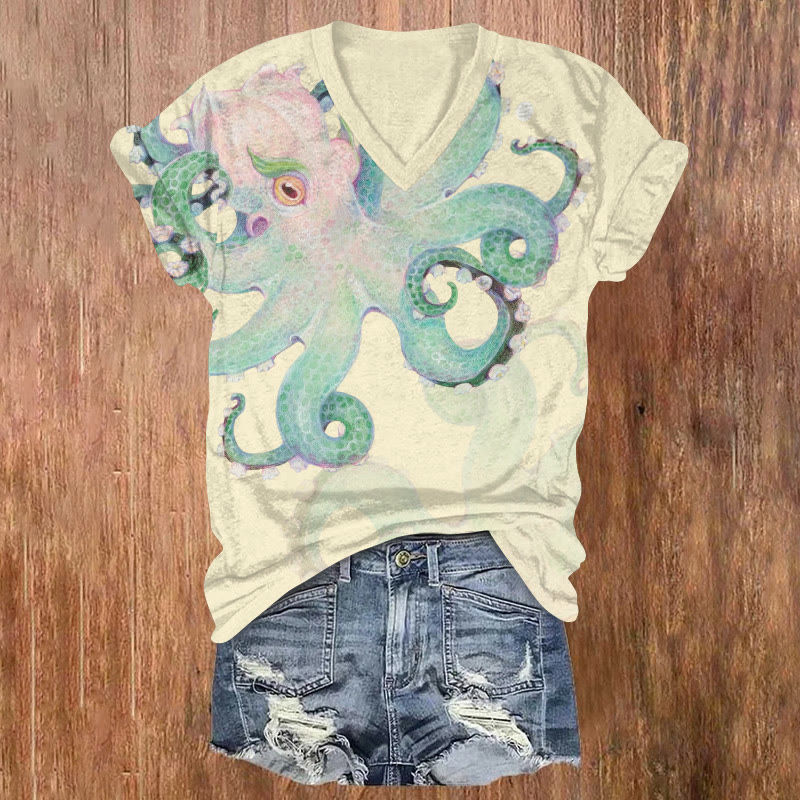 Lily Of The Valley Octopus Art Pattern Print Short Sleeved V-neck T-shirt - Apricot - US32-34(5XL) - image 1