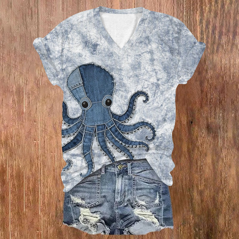 Lovely Unique Octopus Print Short Sleeved V-neck T-shirt - Blue - US32-34(5XL) - image 1
