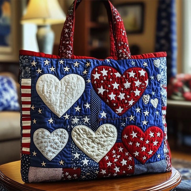 Usa Independence Day 250th Anniversary Star Striped Heart Pattern Quilted Tote Bag - Blue - one size - image 1