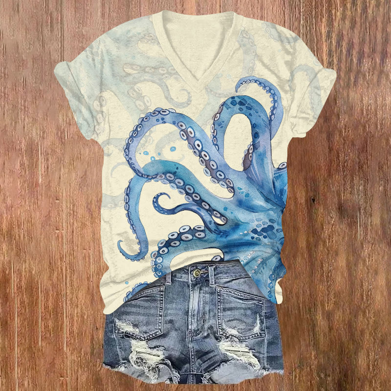 Watercolor Octopus Tentacles Art Print Short Sleeved V-neck T-shirt - Beige - US32-34(5XL) - image 2