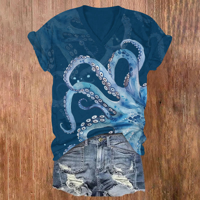 Watercolor Octopus Tentacles Art Print Short Sleeved V-neck T-shirt - Blue - US32-34(5XL) - image 1