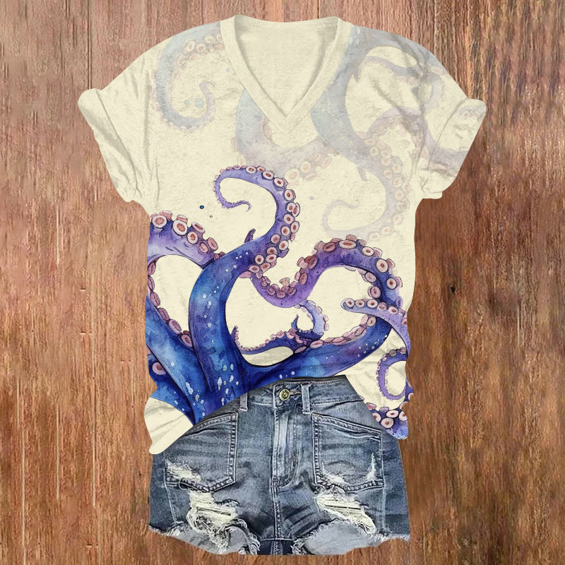 Creative Ombre Octopus Tentacles Art Print Short Sleeved V-neck T-shirt - Yellow - US32-34(5XL) - image 1