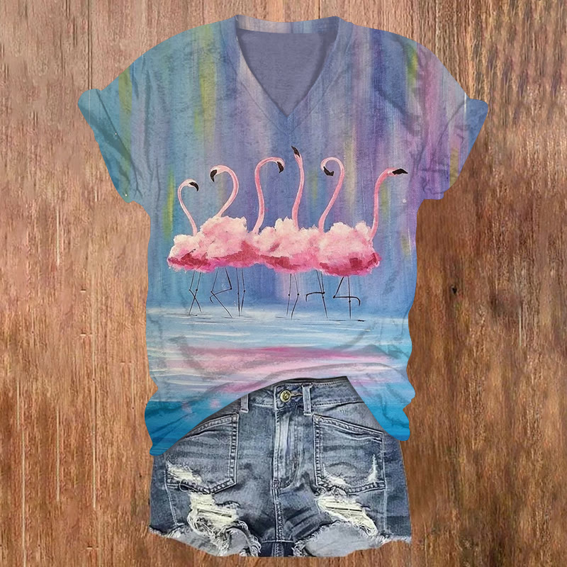 Vintage Lovely Flamingos Print Short Sleeved V-neck T-shirt - Blue - US32-34(5XL) - image 1