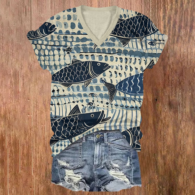 Vintage Koi Carp Art Print Short Sleeved V-neck T-shirt - Blue - US32-34(5XL) - image 1