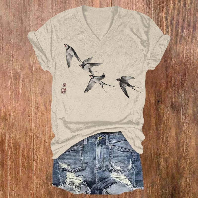 Japanese Vintage Swallow Art Print Short Sleeved V-neck T-shirt - Khaki - US32-34(5XL) - image 1