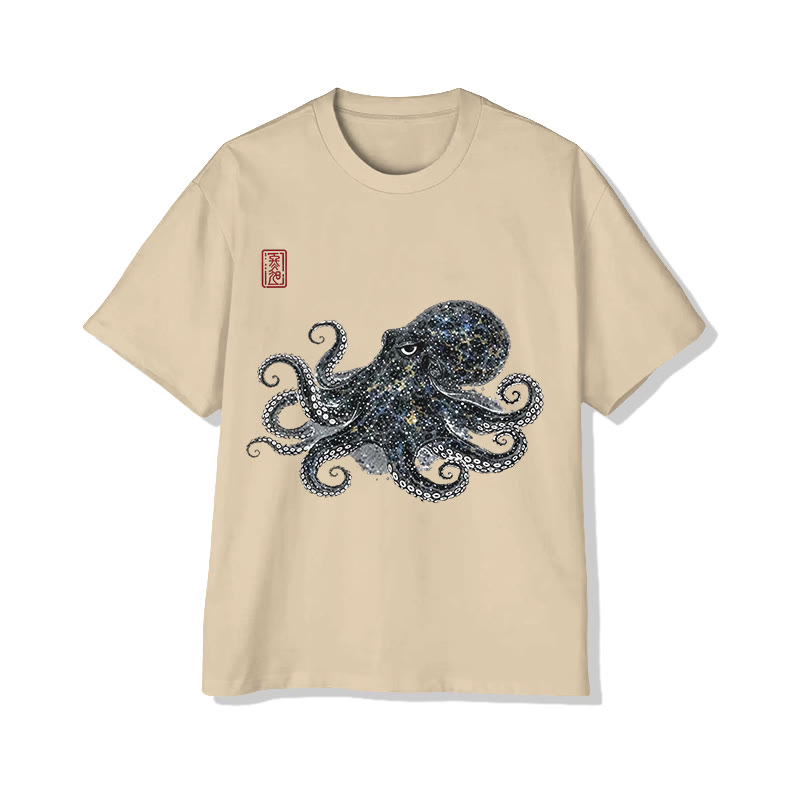Japanese Creative Blinking Octopus Print Short Sleeved Crew Neck T-shirt - Apricot - 2XL - image 1