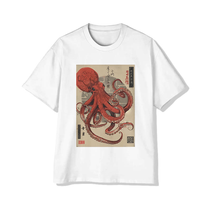 Japanese Vintage Red Octopus Print Short Sleeved Crew Neck T-shirt - White - 2XL - image 1