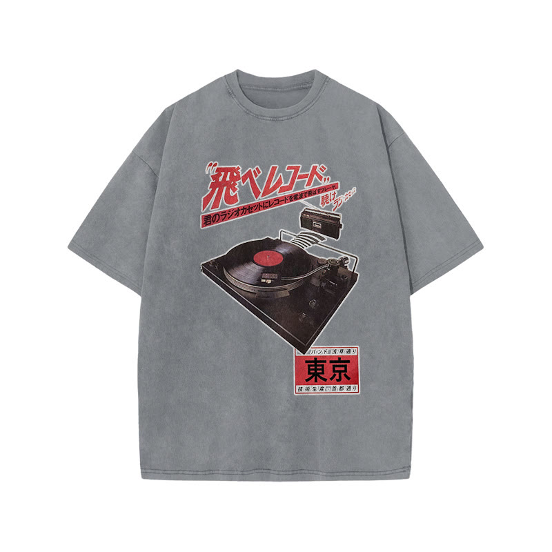 Vintage Japanese Phonograph Print Acid Washed T-shirt - Grey - US20-22(3XL) - image 1