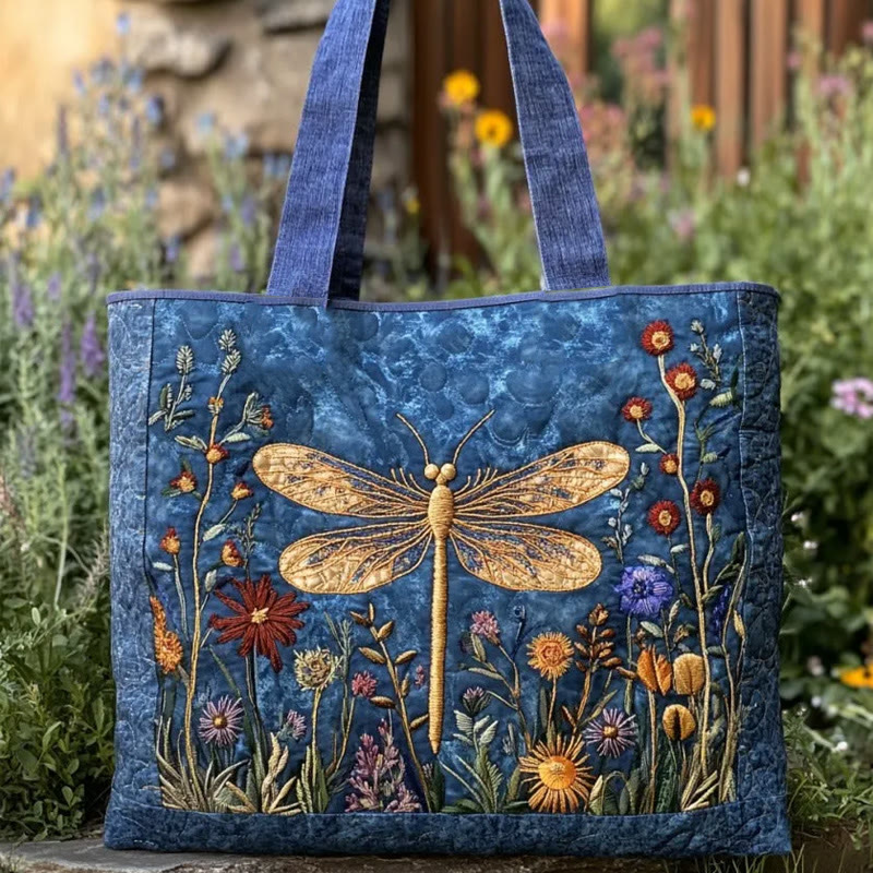 Hippie Dragonfly Wildflower Pattern Quilted Tote Bag - Blue - one size - image 1