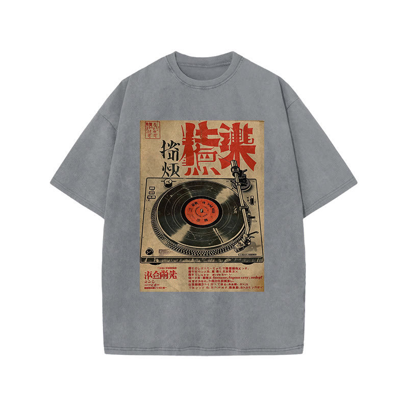 Japanese Turntable Pattern Print Acid Washed T-shirt - Grey - US20-22(3XL) - image 2