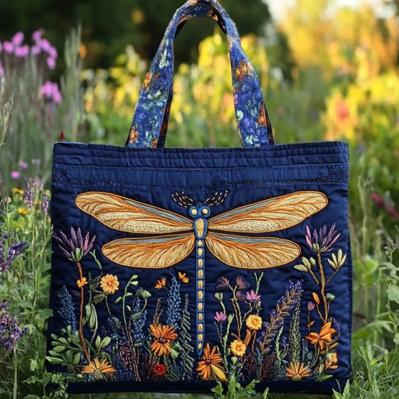 Hippie Zen Dragonfly Wildflowers Pattern Quilted Tote Bag - Blue - one size - image 1