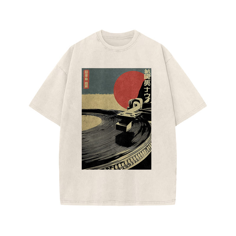 Japanese Vintage Turntable Art Print Acid Washed T-shirt - Beige - US20-22(3XL) - image 2