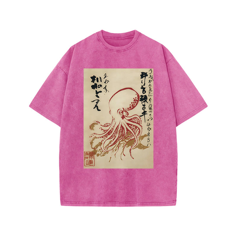 Japanese Retro Octopus Pattern Print Acid Washed T-shirt - Pink - US20-22(3XL) - image 7