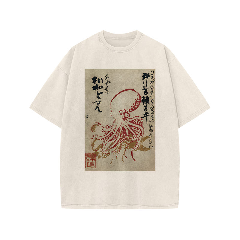 Japanese Retro Octopus Pattern Print Acid Washed T-shirt - Beige - US20-22(3XL) - image 2