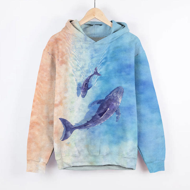 Ocean Dream Whale Art Print Long Sleeve Hoodie - Blue - US44-46(8XL) - image 1