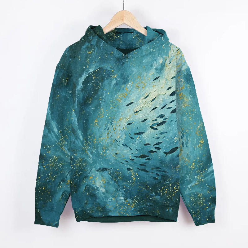 Gold Foil Fish Art Painting Print Long Sleeve Hoodie - Green - US44-46(8XL) - image 2